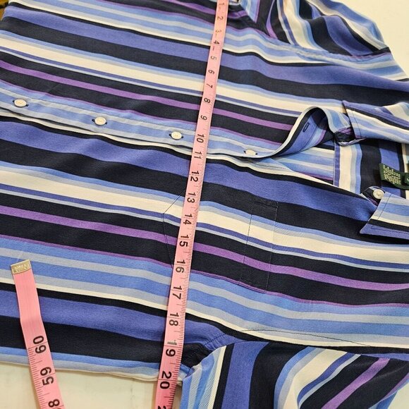 Lauren Ralph Lauren Silk Shirt Small Striped Oversized Button-Down Blue & Purple - Picture 8 of 8